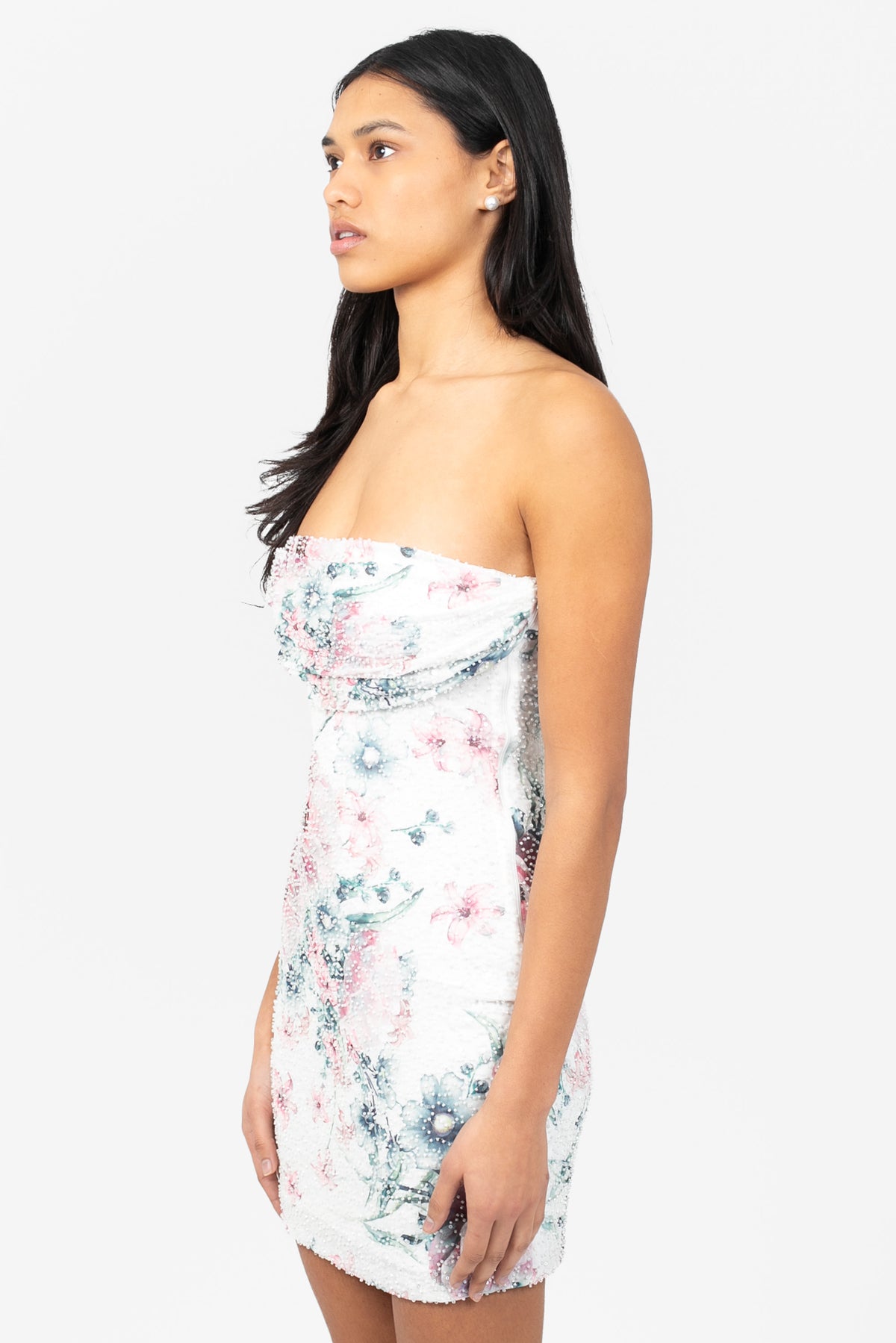 Serafina Mesh Ruched Floral Mini Dress - honey