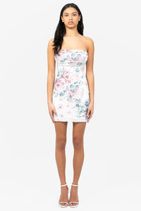 Serafina Mesh Ruched Floral Mini Dress - honey