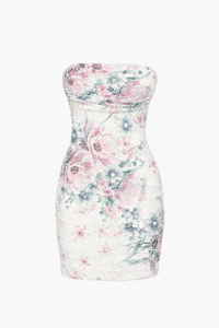 Serafina Mesh Ruched Floral Mini Dress - honey