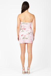 Posey Mesh Ruched Floral Mini Dress - honey