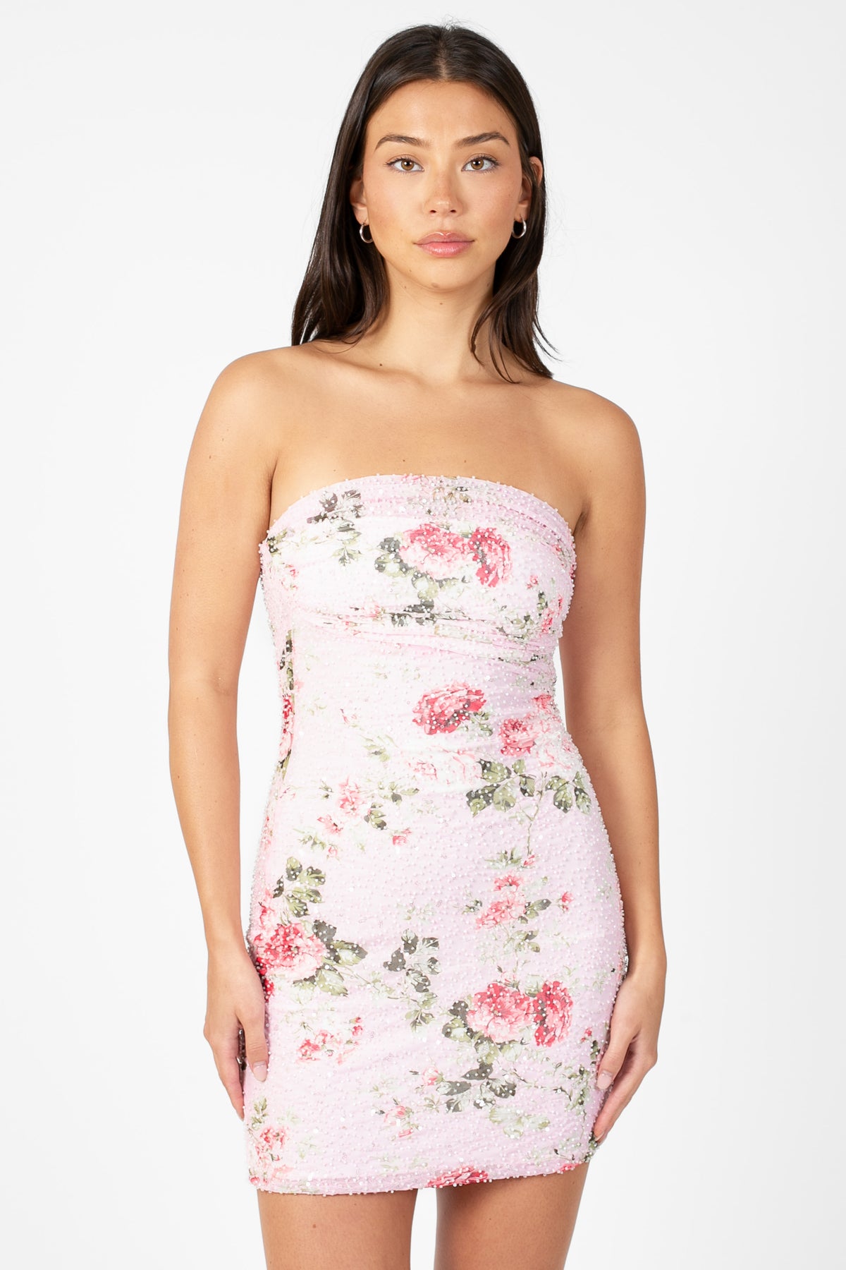 Posey Mesh Ruched Floral Mini Dress - honey