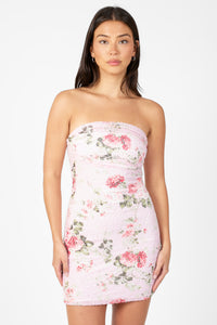 Posey Mesh Ruched Floral Mini Dress - honey
