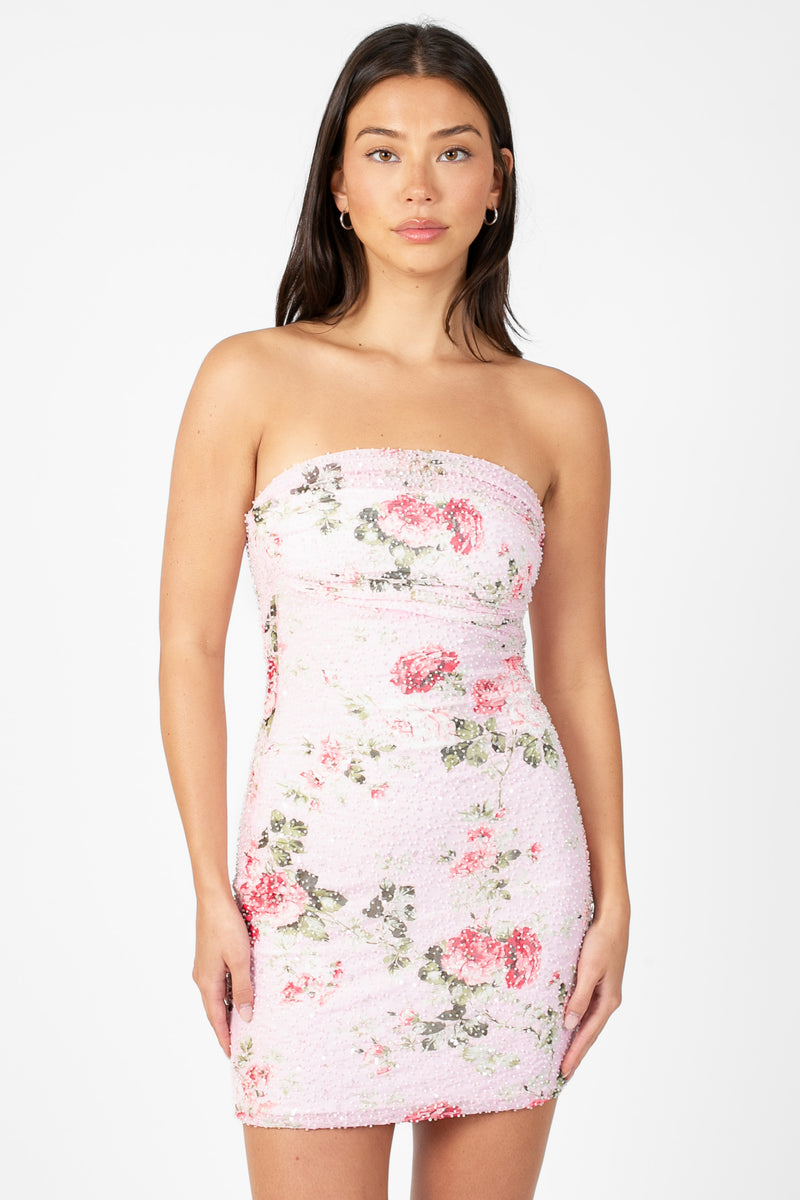 Posey Mesh Ruched Floral Mini Dress - honey