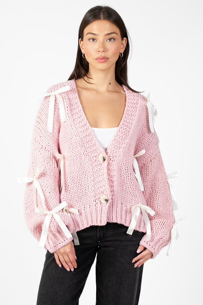 Belle Chunky Bow Knit Cardigan - honey
