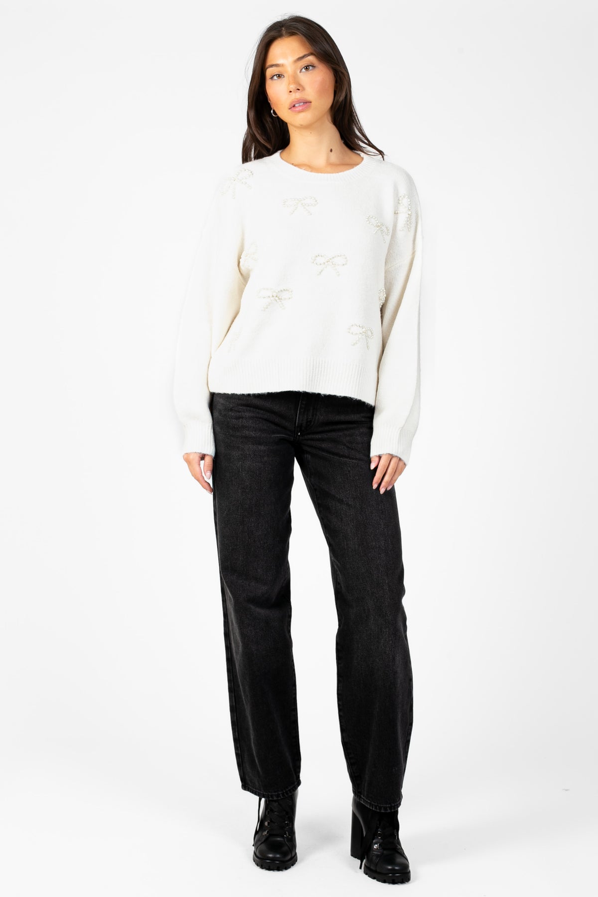 Bella Bow Beaded Sweater - honey