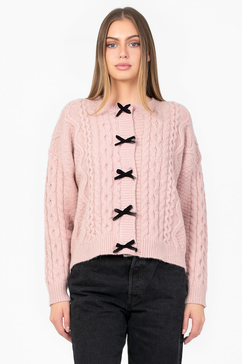 Amelie Bow Cable Knit Cardigan - honey