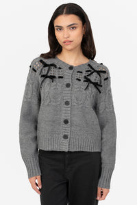 Flossie Velvet Bow Cable Knit Cardigan