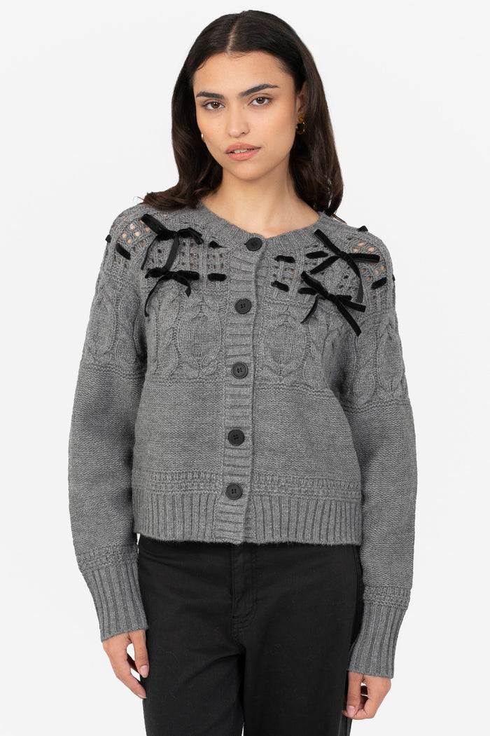 Flossie Velvet Bow Cable Knit Cardigan