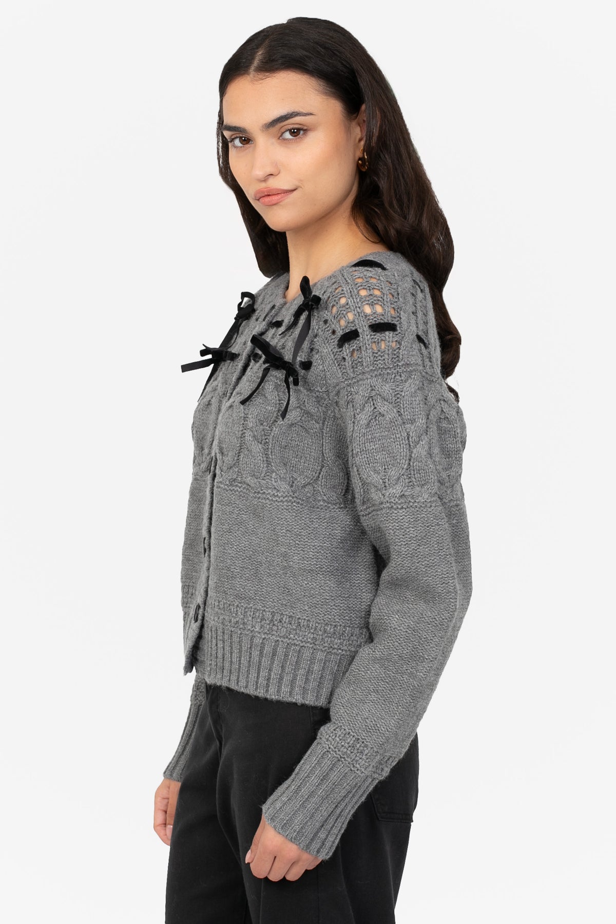 Flossie Velvet Bow Cable Knit Cardigan
