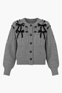 Flossie Velvet Bow Cable Knit Cardigan