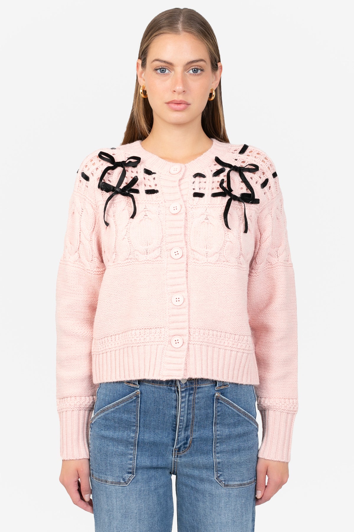 Flossie Velvet Bow Cable Knit Cardigan
