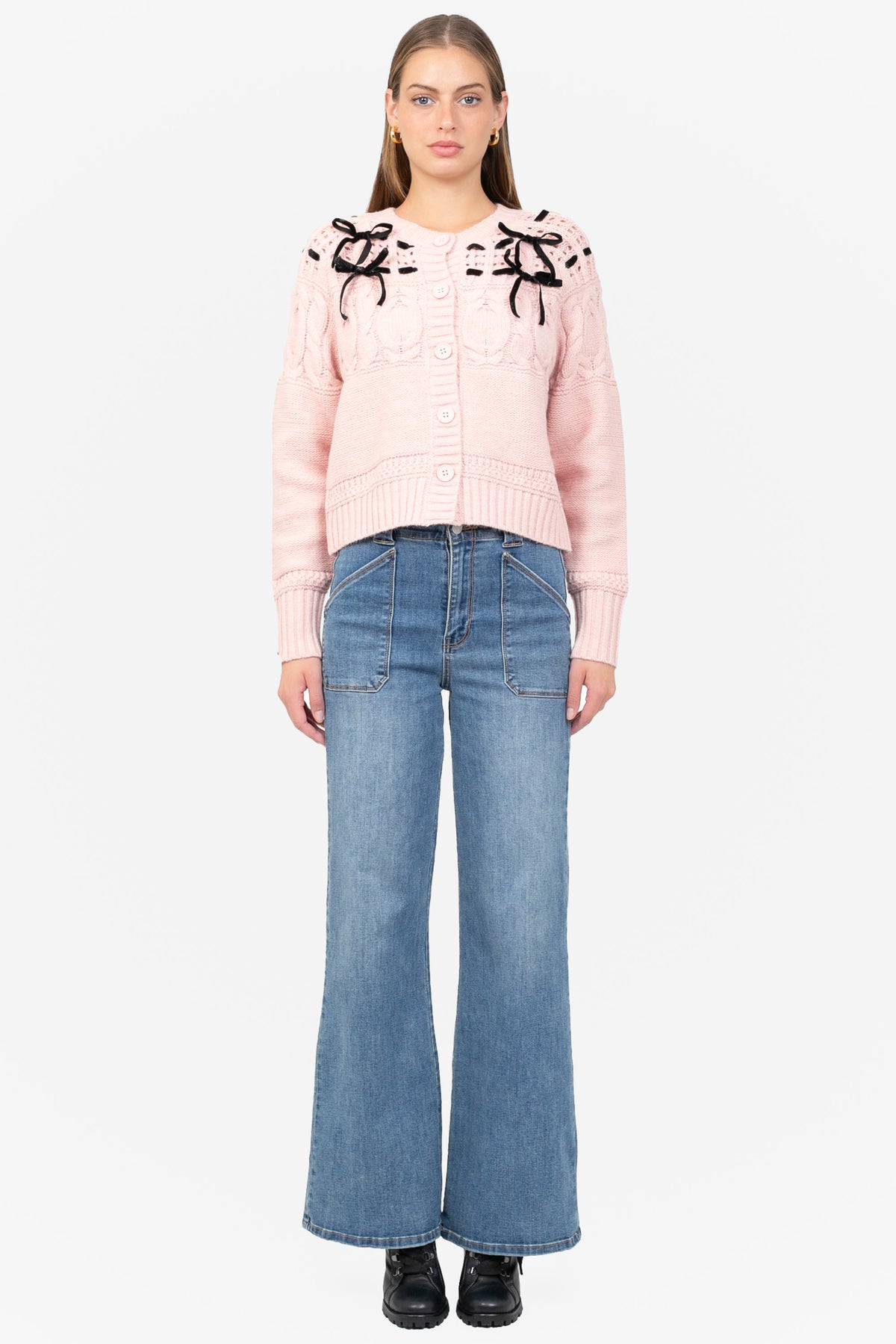 Flossie Velvet Bow Cable Knit Cardigan