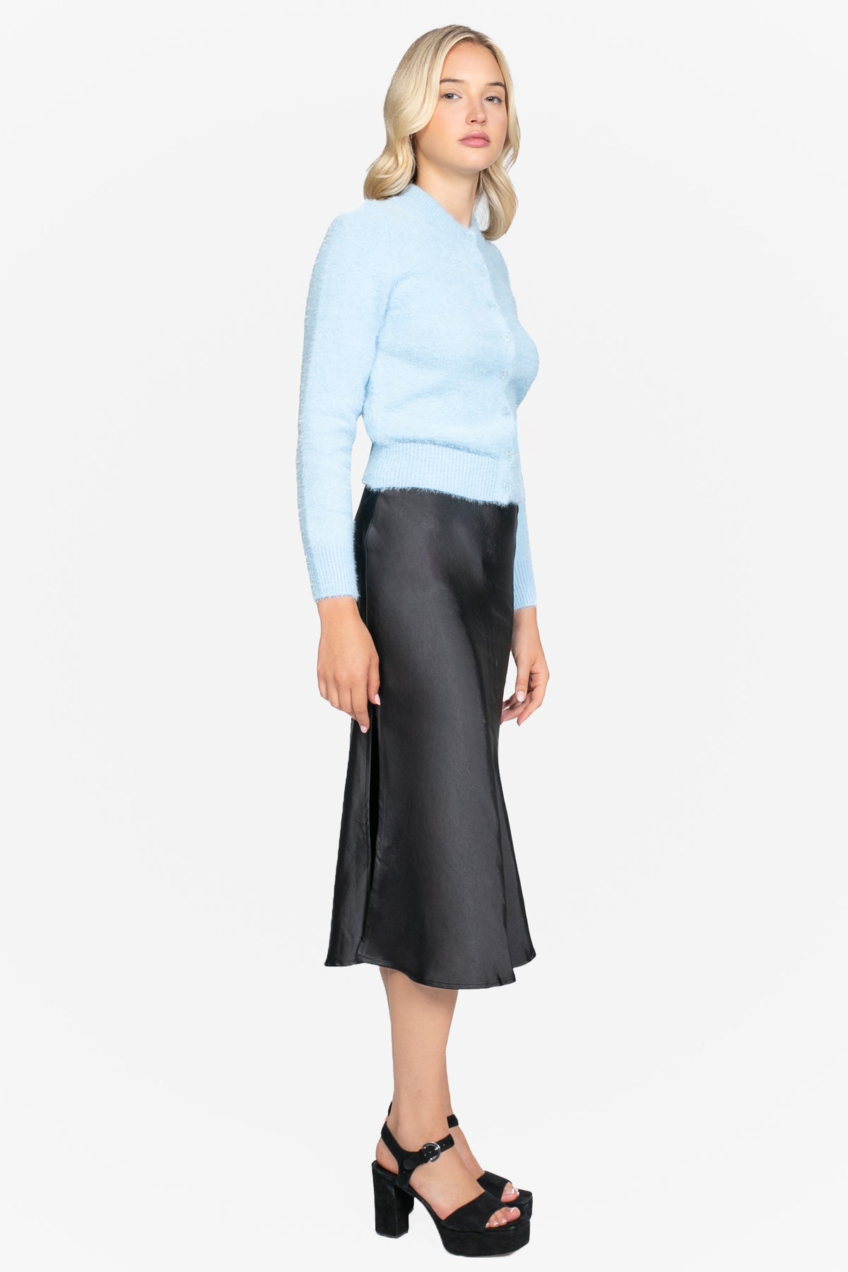 Gianina Side Slit Satin Midi Slip Skirt