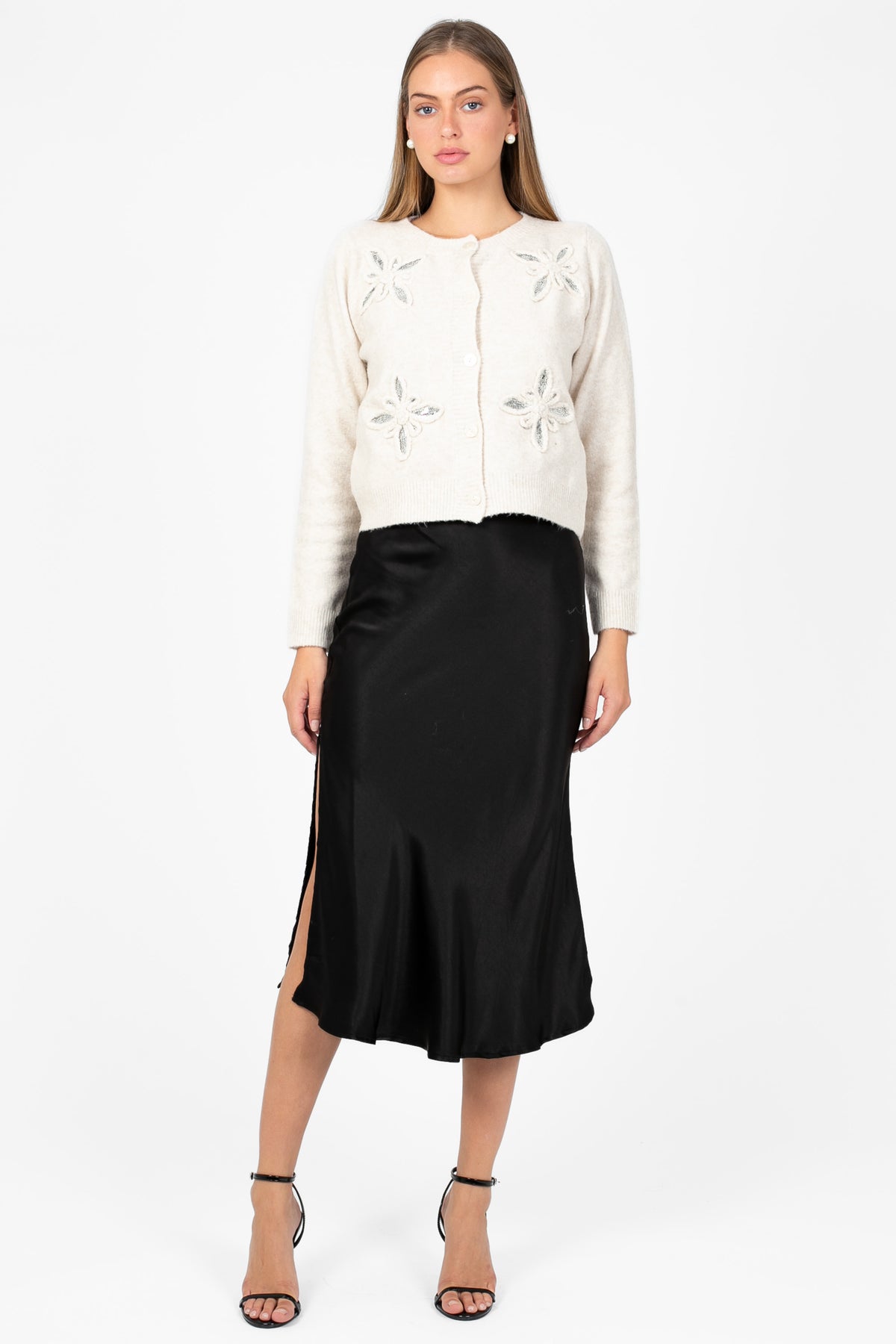 Gianina Side Slit Satin Midi Slip Skirt - honey