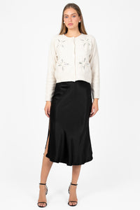 Gianina Side Slit Satin Midi Slip Skirt - honey