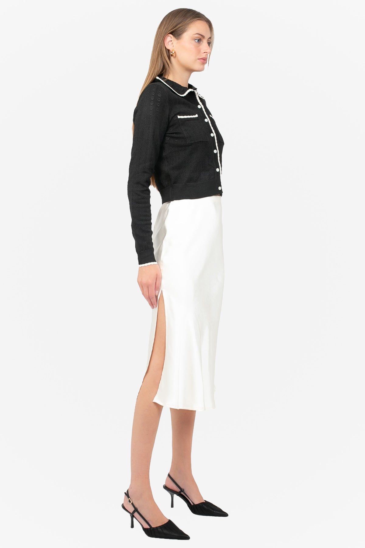 Gianina Side Slit Satin Midi Slip Skirt