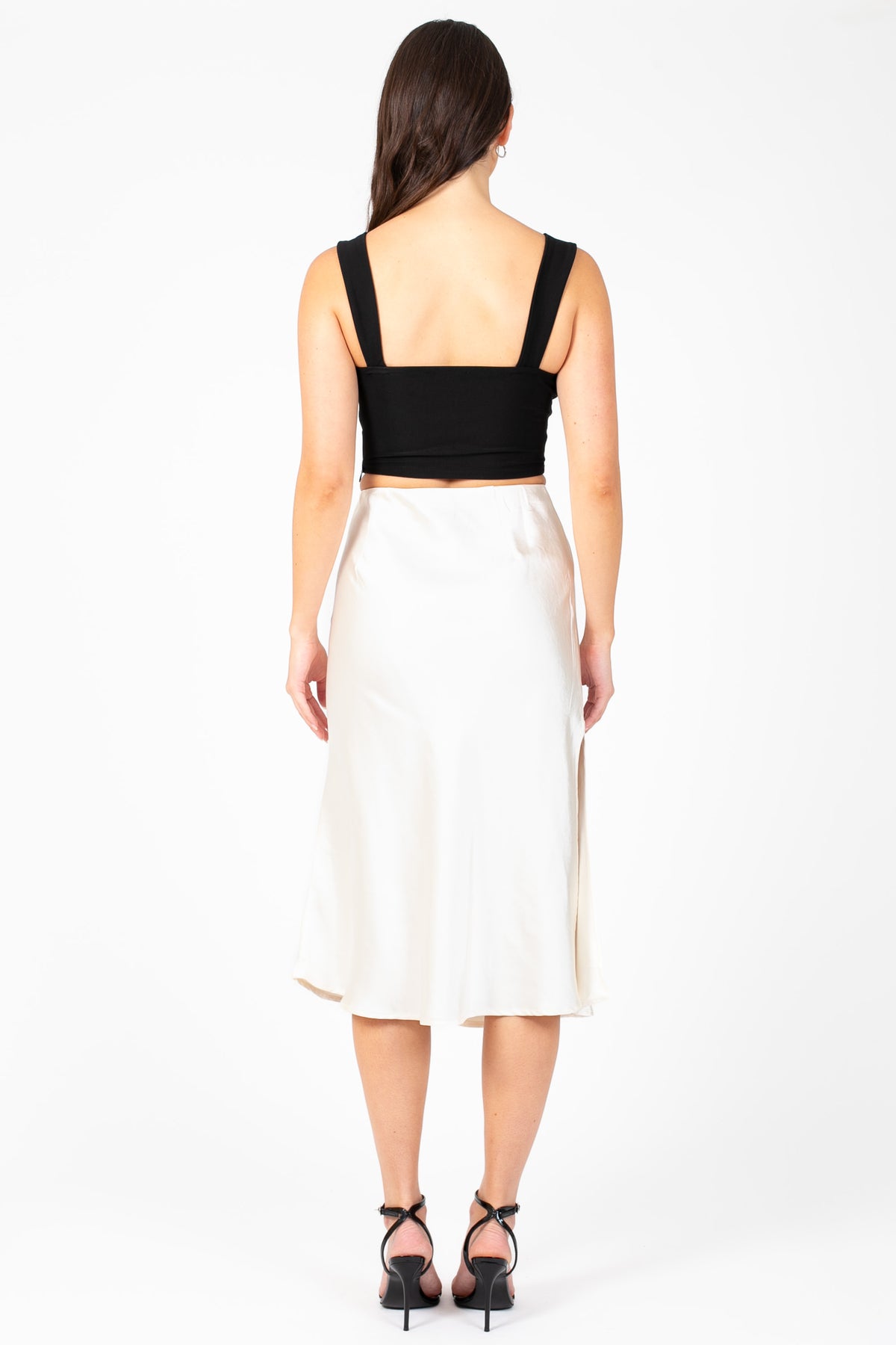 Gianina Side Slit Satin Midi Slip Skirt - honey