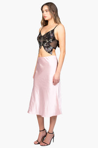 Gianina Side Slit Satin Midi Slip Skirt - honey