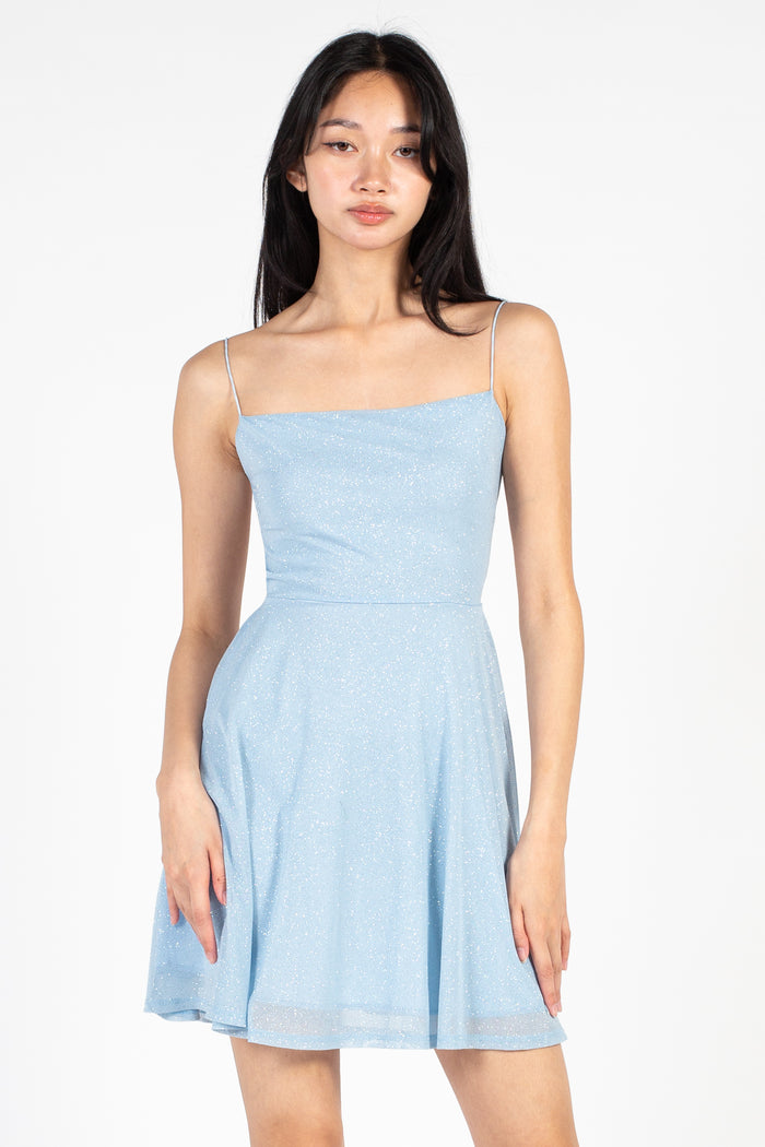 Petite Blue Textured Open Back Mini Dress