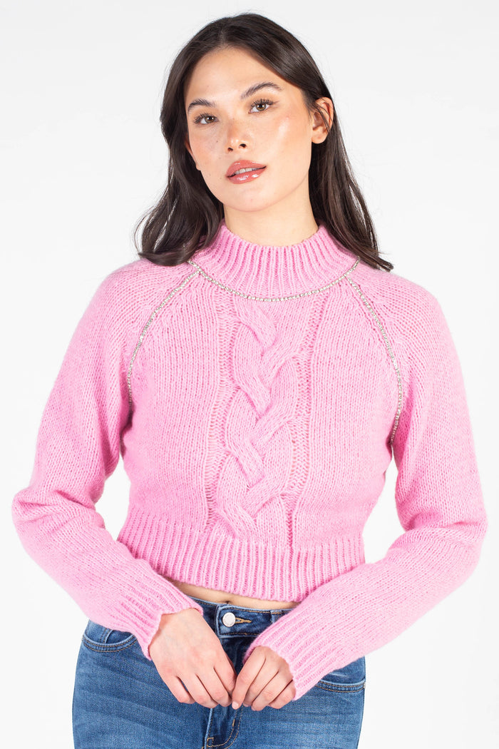 Ayla Cable Knit Zip Mock Neck Pullover Purple