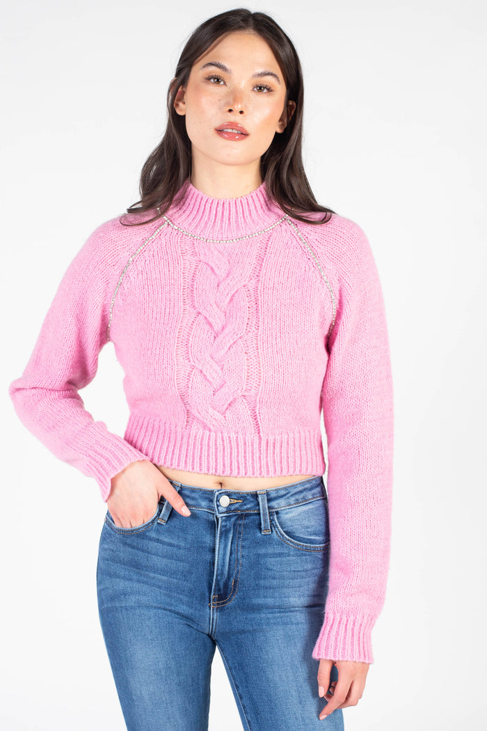 Liza Rhinestone Cable Knit Sweater - honey